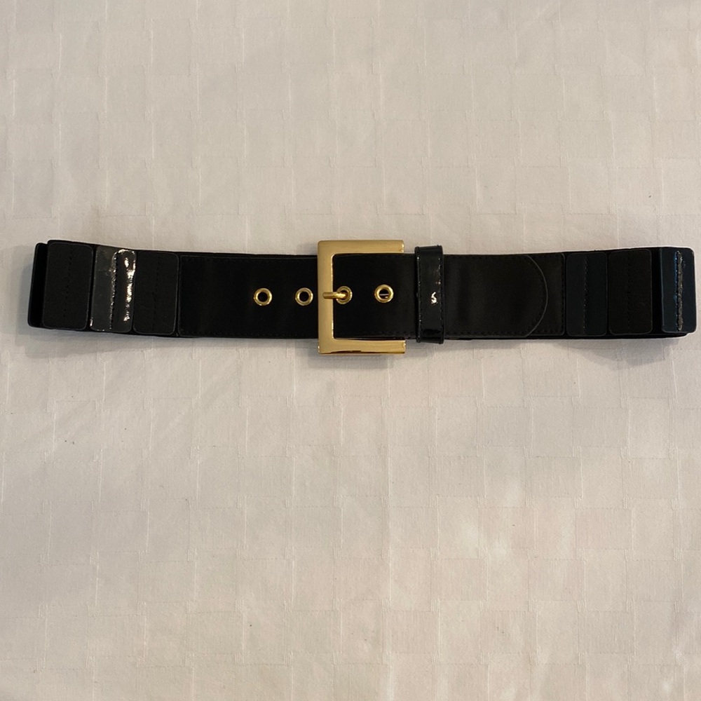 Carlisle Vintage Black Stretch Statement Belt Gold Buckle Patent Leather Satin